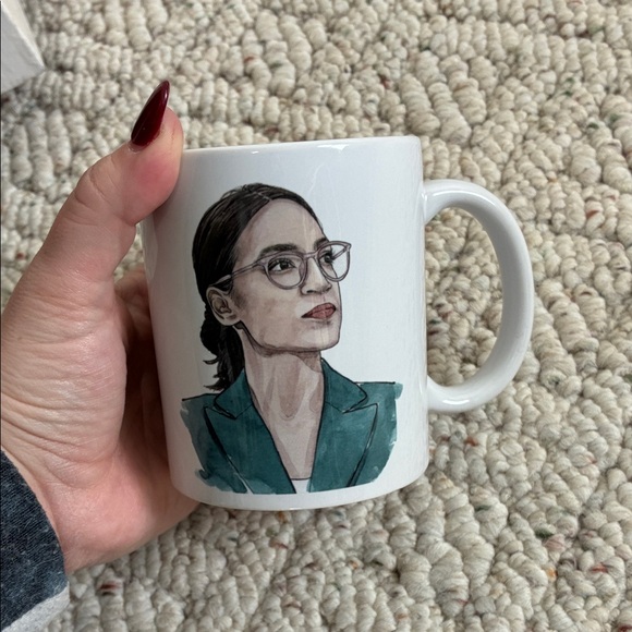 Handmade White Ceramic Mug w/ Illustrated AOC Alexandria Ocasio Cortez Portrait - Picture 2 of 6